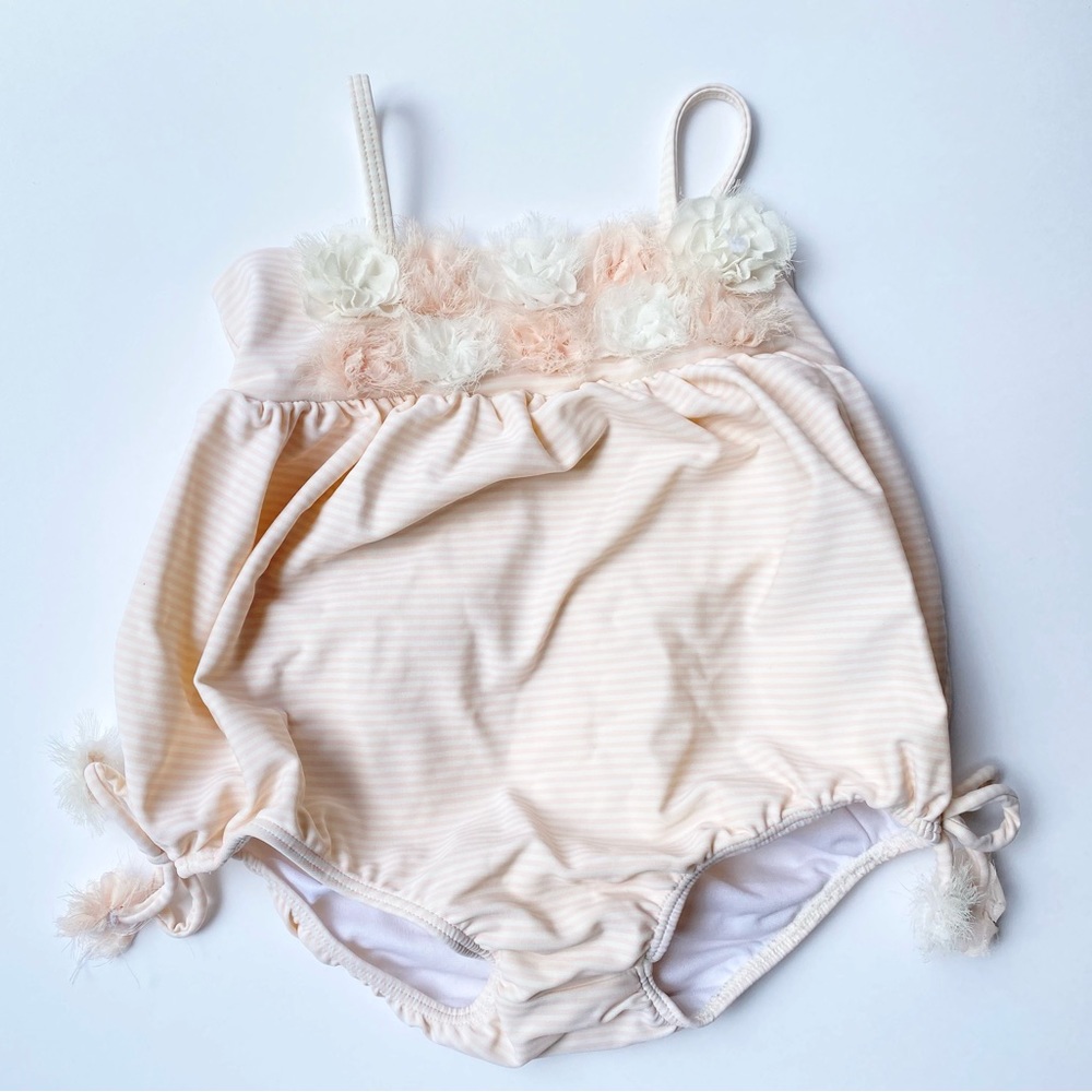 Kate Mack 18 month Pink Striped Floral Bubble Swimsuit UPF 50